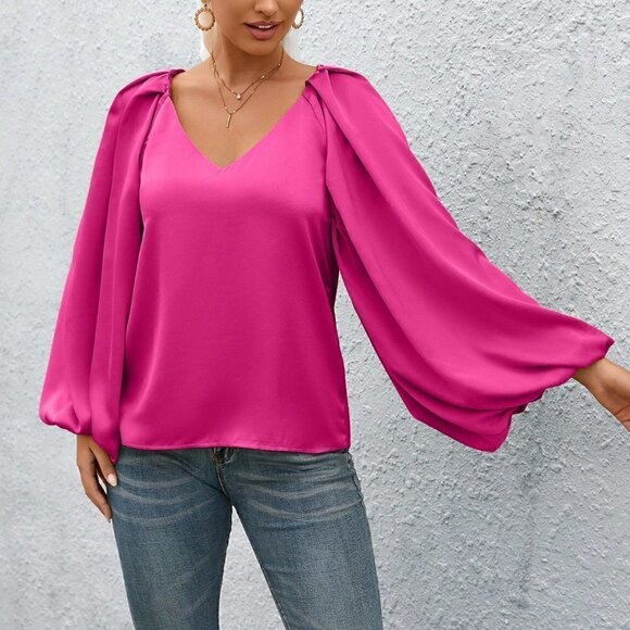 Pink Casual Womens Lantern Sleeve Solid Blouse - Picture 1 of 7